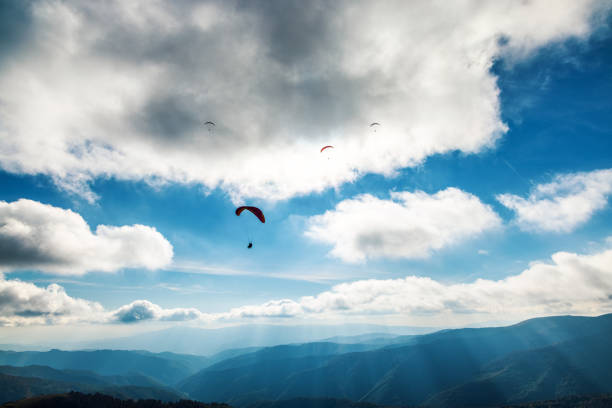 Tourist practices paragliding active sports in highland against giant forestry mountains illuminated by bright sunlight on sunny autumn day