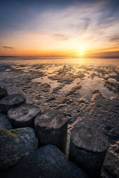 Fantastic sunset at the Jade Bay on the North Sea coast at low tide.