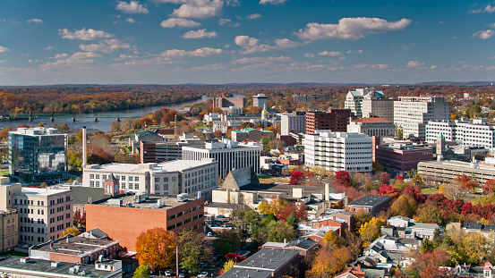 Aerial shot of Trenton, New Jersey on a sunny afternoon in Fall. 

Authorization was obtained from the FAA for this operation in restricted airspace.