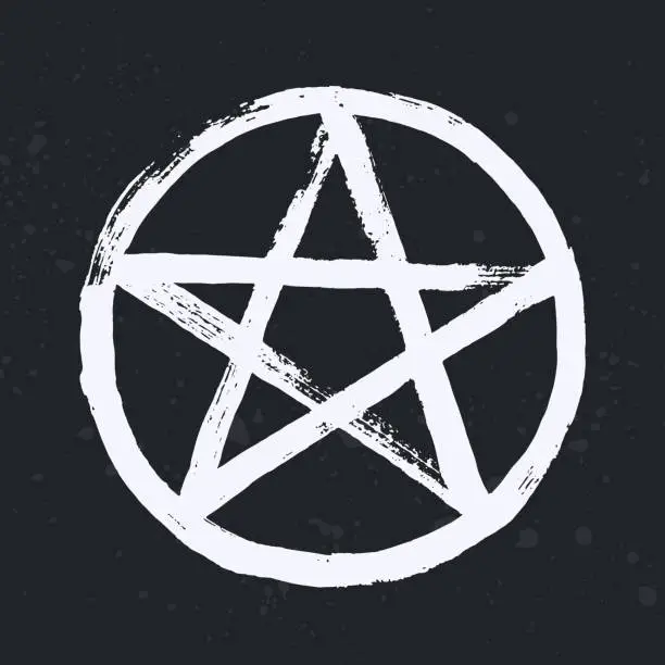 Vector illustration of White pentagram symbol isolated on black background. A star in a circle - a symbol of occultism, esoteric, magic and mysticism. Pentacle sign with paint brush texture effect. Vector illustration.