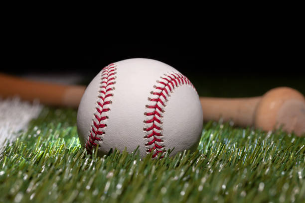 baseball close up low angle with bat on grass field and black background - baseball bat fotos imagens e fotografias de stock