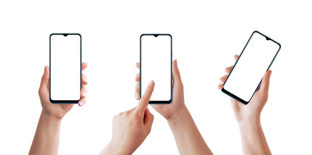 istock Phone mockup in different woman hands isolated in white. Smooth and soft retouched hands. Blank screen for app presentation 1370194030