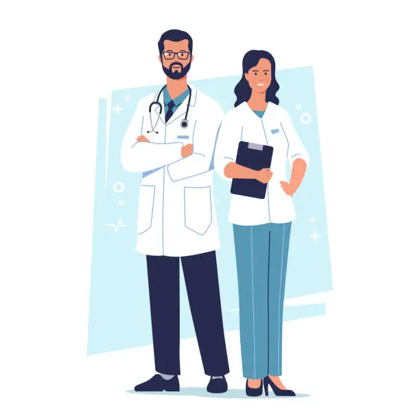 Vector illustration of Two young doctors with stethoscope and tablet isolated on blue background. Young medical workers, man and woman. Team of medical interns. Vector illustration.