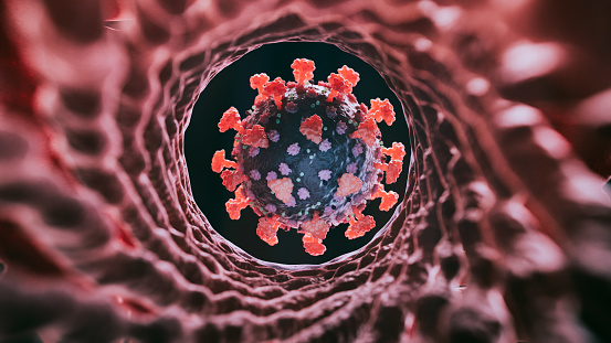 Abs technology COVID-19 research - 3d rendered image. Pandemic wave.
Viral Infection concept. Delta, Omicron (B.1.1.529) variant. Sars-cov-2, 2019-nCoV, Coronavirus.
Antibody, Antigen, stealth, Vaccine technology concept.