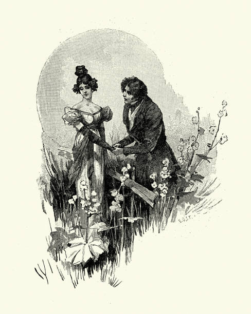 bildbanksillustrationer, clip art samt tecknat material och ikoner med young man confessing his love to woman, victorian romance, 19th century - flörta