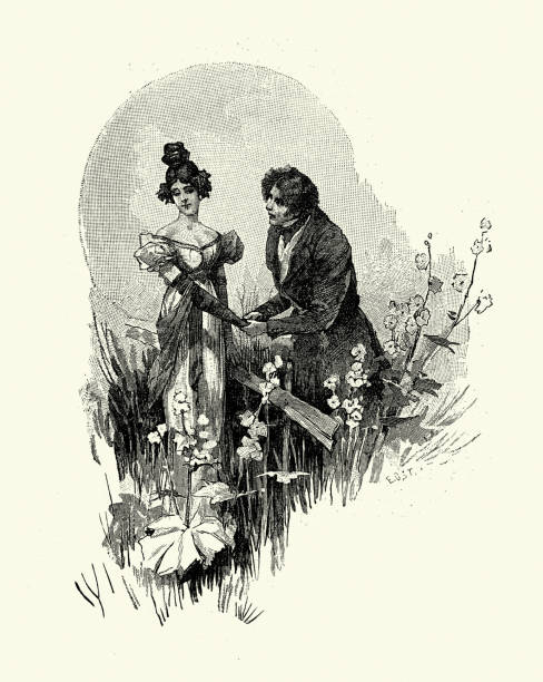 Young man confessing his love to woman, Victorian romance, 19th Century vector art illustration