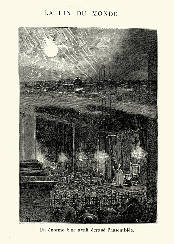 Vintage illustration of A huge block had crushed the assembly, scene from French Victorian science fiction, the end of the world, 19th Century