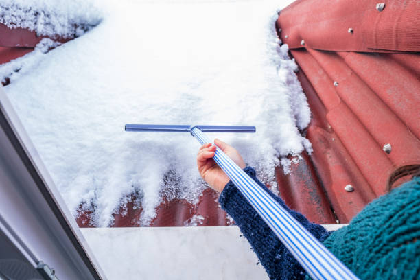 istock woman holds a floor squeegee for shoveling snow on rooftop 1370206357