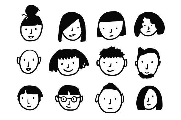 Set of cute vector black doodle people faces Set of cute vector black doodle male and female people faces. Collection of emotional human avatars for social media design, stickers, icons family drawing stock illustrations