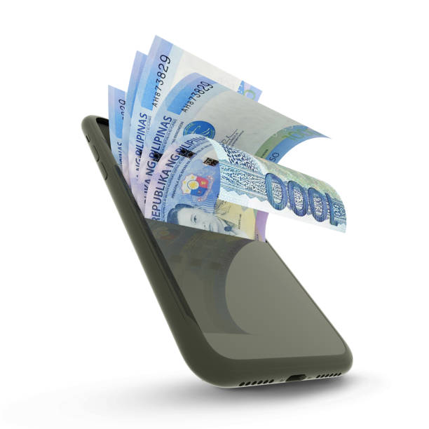 3D rendering of Philippine peso notes inside a mobile phone isolated on white background 3D rendering of Philippine peso notes inside a mobile phone isolated on white background philippines currency stock pictures, royalty-free photos & images