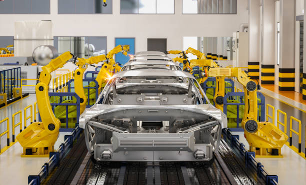 istock Automation robot assembly line in car factory 1370212098