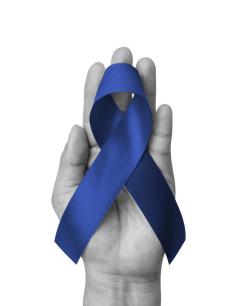 concienciación sobre el cáncer de colon y el cáncer colorrectal, síndrome de dificultad respiratoria aguda (sdra), artritis juvenil, esclerosis tuberosa con cinta azul oscuro aislada sobre fondo blanco (ruta de recorte) - blue bow fotografías e imágenes de stock