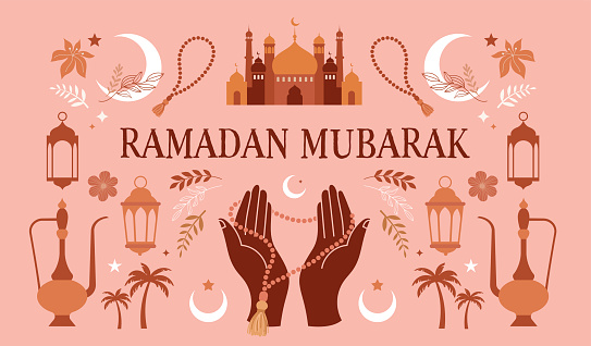 Ramadan Mubarak modern style banner design, background with boho illustrations, moon, mosque dome, praying hands and lanterns