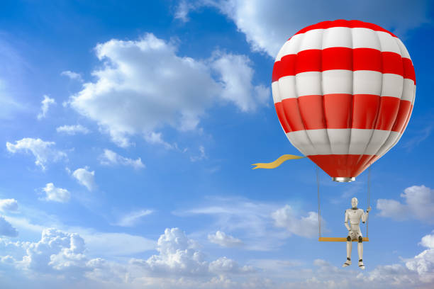 istock Robot on hot air balloon with swing fly in cloudy sky 1370212682