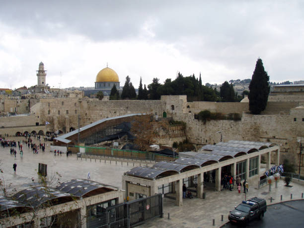 The Western Wall, Plaza, and Dome of the Rock Jerusalem - January 5, 2008: Aerial view of The Western Wall, Plaza, and Dome of the Rock with people exploring sites. al aksa mosque stock pictures, royalty-free photos & images