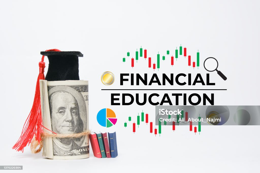 Financial Education A picture of financial education and knowledge concept. Mortarboard, fake money, miniature book, stochastic, pie chart, coin and magnifying glass illustration with the word financial education. Budget Stock Photo