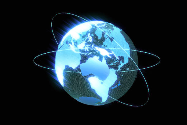 A stylized 3d rendered wire frame earth globe enhanced with glow effects, blue streaks, rim light and dotted rings.