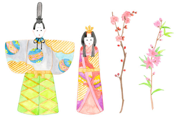 istock Watercolor illustration set of standing chicks, peach blossoms, and plum blossoms 1370226572