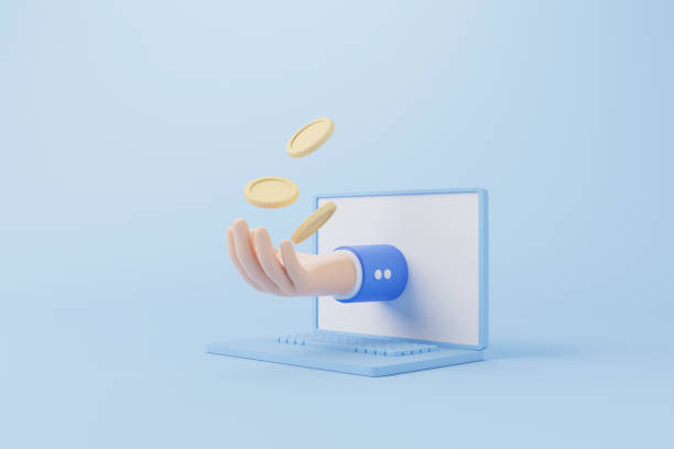 istock Gold coins fall dropping on hand and computer laptop on blue background. Fintech finance innovation technology. Cryptocurrency blockchain. 3d render illustration 1370227220