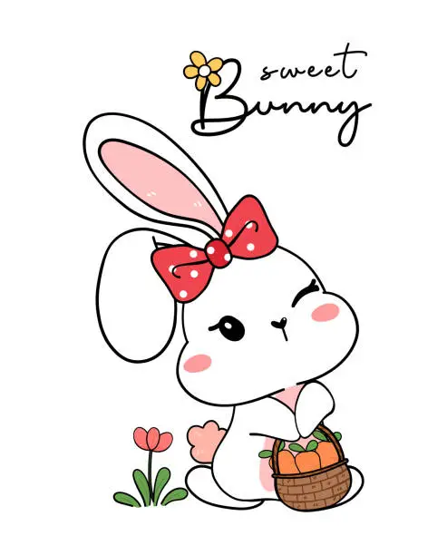 Vector illustration of Cute sweet happy white bunny baby rabbit with red bow hodling carrot basket, sweet bunny, cartoon drawing outline vector