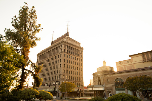 Sunset view of the historic downtown area of Fresno, California, USA.