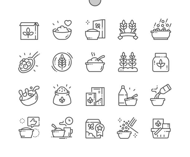 illustrations, cliparts, dessins animés et icônes de céréales. aliments sains. petit déjeuner. meilleur produit, granola, flocons d’avoine. magasin d’alimentation, supermarché. menu pour restaurant et café. icônes pixel perfect vector thin line. pictogramme minimal simple - cereal breakfast granola healthy eating