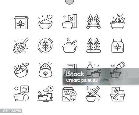 istock Cereals. Healthy food. Breakfast. Best product, granola, oatmeal. Food shop, supermarket. Menu for restaurant and cafe. Pixel Perfect Vector Thin Line Icons. Simple Minimal Pictogram 1370233290