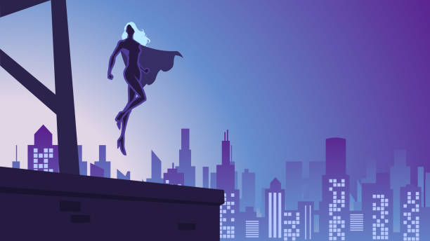 vector female superhero silhouette lewitująca nad miastem ilustracja stockowa - superhero comic book cityscape flying stock illustrations