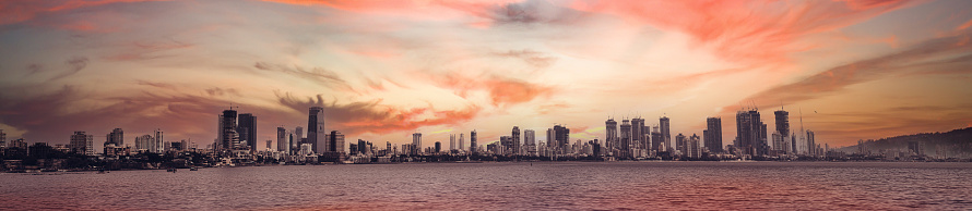 Panoramic view of Mumbai city scape in colourful sky