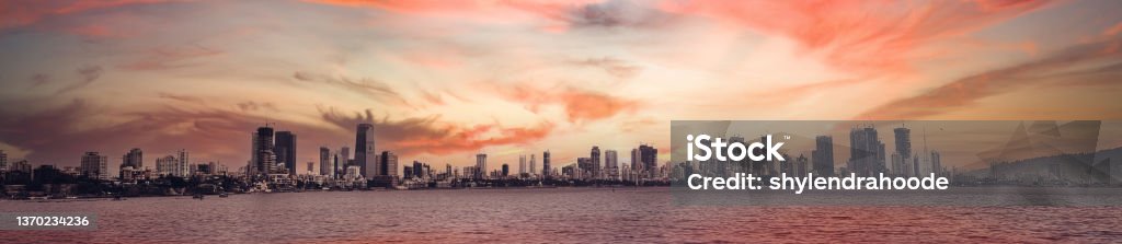 Mumbai city scape Panoramic view of Mumbai city scape in colourful sky Mumbai Stock Photo