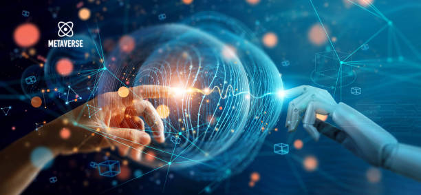 Metaverse technology, Hands of robot and human connected on network metaverse, Technological transition between human and robots, Virtual reality, Visualization simulation, AI, AR, VR.