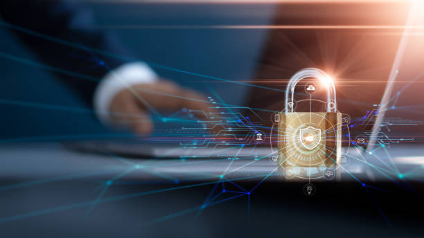 Businessman using laptop and set up network connection with shield guard to protect cyber attacks. Padlock of personal data security, Internet security business, Network security system concept.
