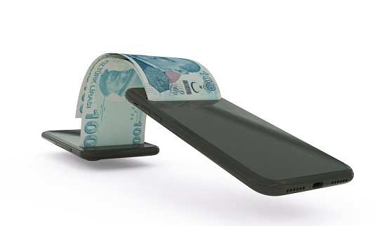 Representación 3D de billetes de lira turca que se transfieren de un teléfono a otro. concepto de transacción de dinero móvil photo