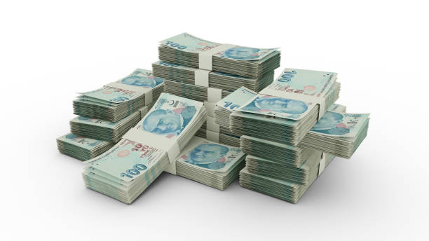 istock Stack of Turkish lira notes. 3D rendering of bundles of banknotes 1370235366