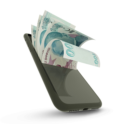 Extracción en 3D de billetes de lira turca dentro de un teléfono móvil aislado sobre fondo blanco photo