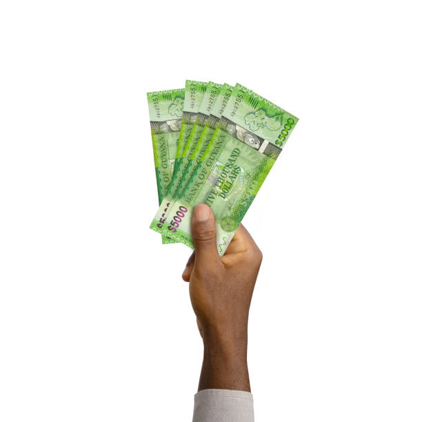 istock Black Hand holding 3D rendered 5000 Guyanese dollar notes isolated on white background 1370235963