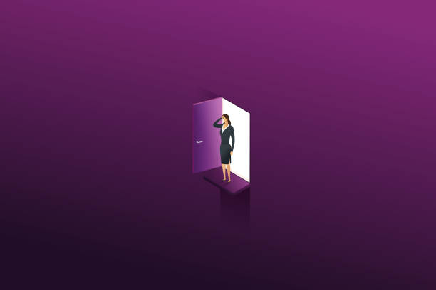 istock Businesswoman open door on wall. 1370235988