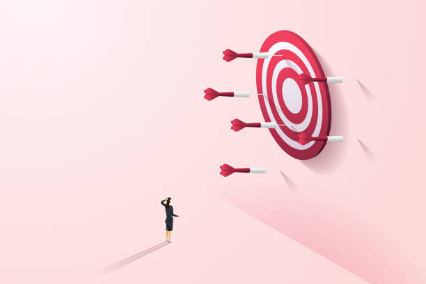 ilustraciones, imágenes clip art, dibujos animados e iconos de stock de mujer mirando el dardo que falló el objetivo en la pared rosa. - target aspirations failure arrow