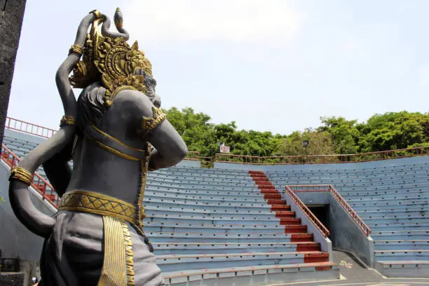 Photo of Hanuman at empty stage of Uluwatu Temple of Bali. Taken January 2022.