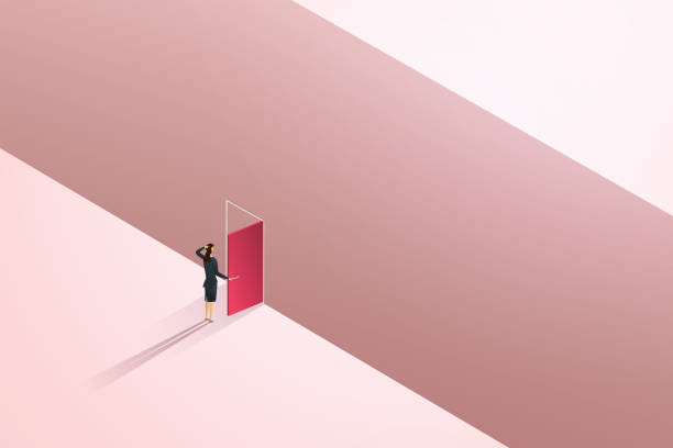 istock Businesswoman open door on gap on a cliff. 1370236166
