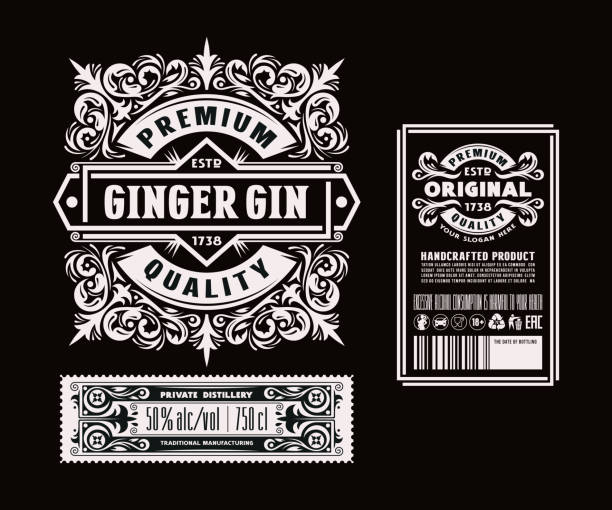 Template decorative label for ginger gin Template decorative label for ginger gin and other alcohol drink. Design with floral ornament. Vector illustration. White print on black background Gin stock illustrations