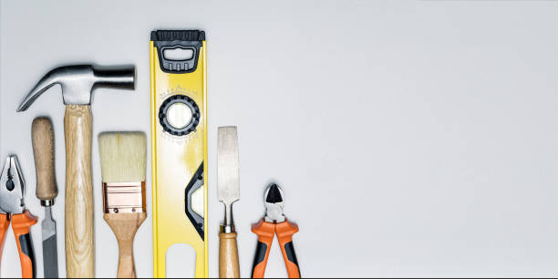 istock Set of different construction tools on bright grey background. Banner with copy space. DIY concept. 1370241274