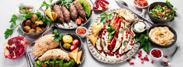 istock Lebanese food assortment on light background. 1370242061