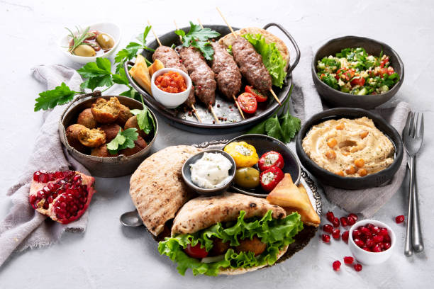 istock Lebanese food assortment on light background. 1370242068