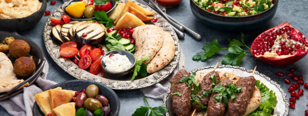 istock Arabic food assortment on dark background. 1370242081