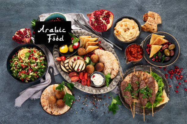 istock Arabic food assortment on dark background. 1370242084