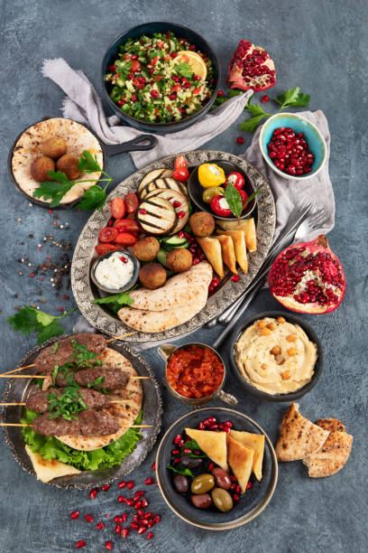 istock Arabic food assortment on dark background. 1370242086