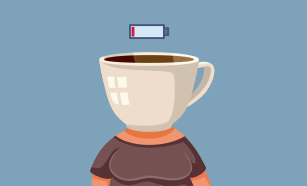 No Energy Exhausted Woman Addicted to Coffee Vector Cartoon Adult person feeling tired thinking of caffeine for more energy tired woman coffee stock illustrations