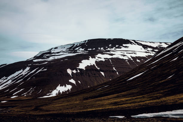 Snowcapped Mountains Akureyri Baegisa Northern Iceland stock photo