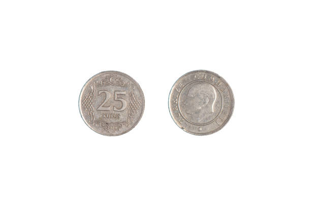 istock 25 Turkish kurus coin, 2009, both sides. Black background. 1370247401